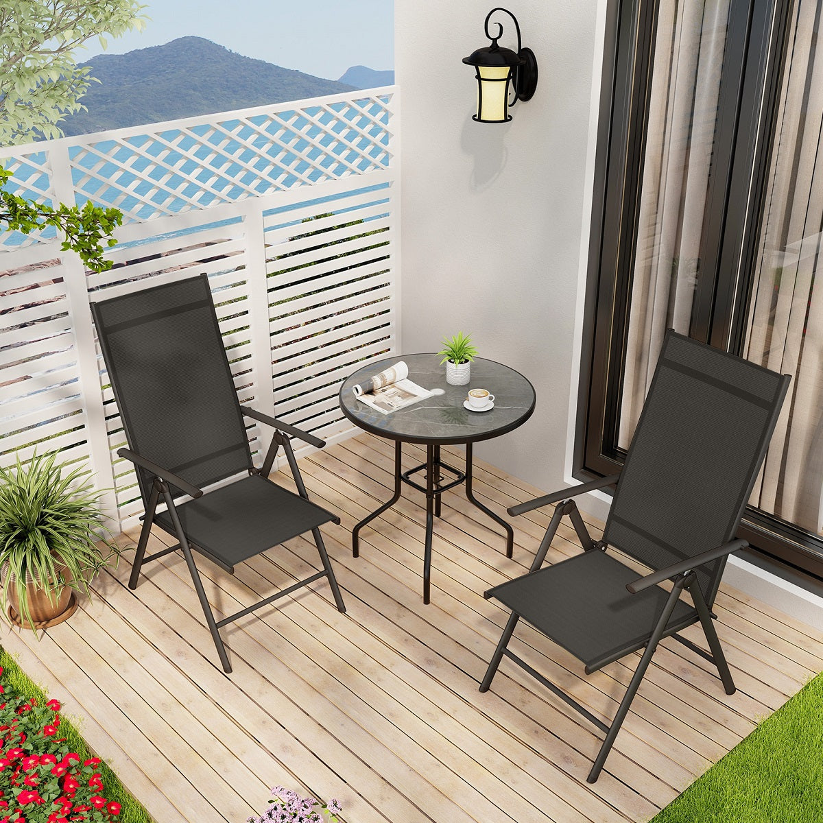 Silla de Comedor Plegable para Exterior con Respaldo Alto Ajustable - Negro