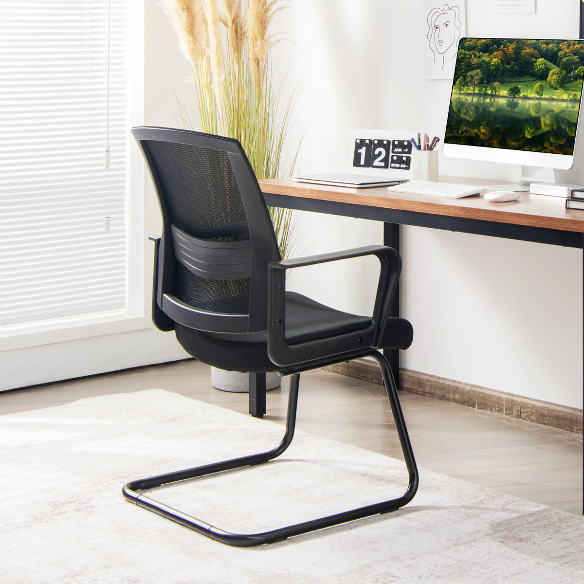 Cadeira de Conferência de Escritório Estilo Sled Encosto Ergonómico em Rede Assento Acolchoado Suporte Lombar Regulável 60 x 54,5 x 94 cm Preto
