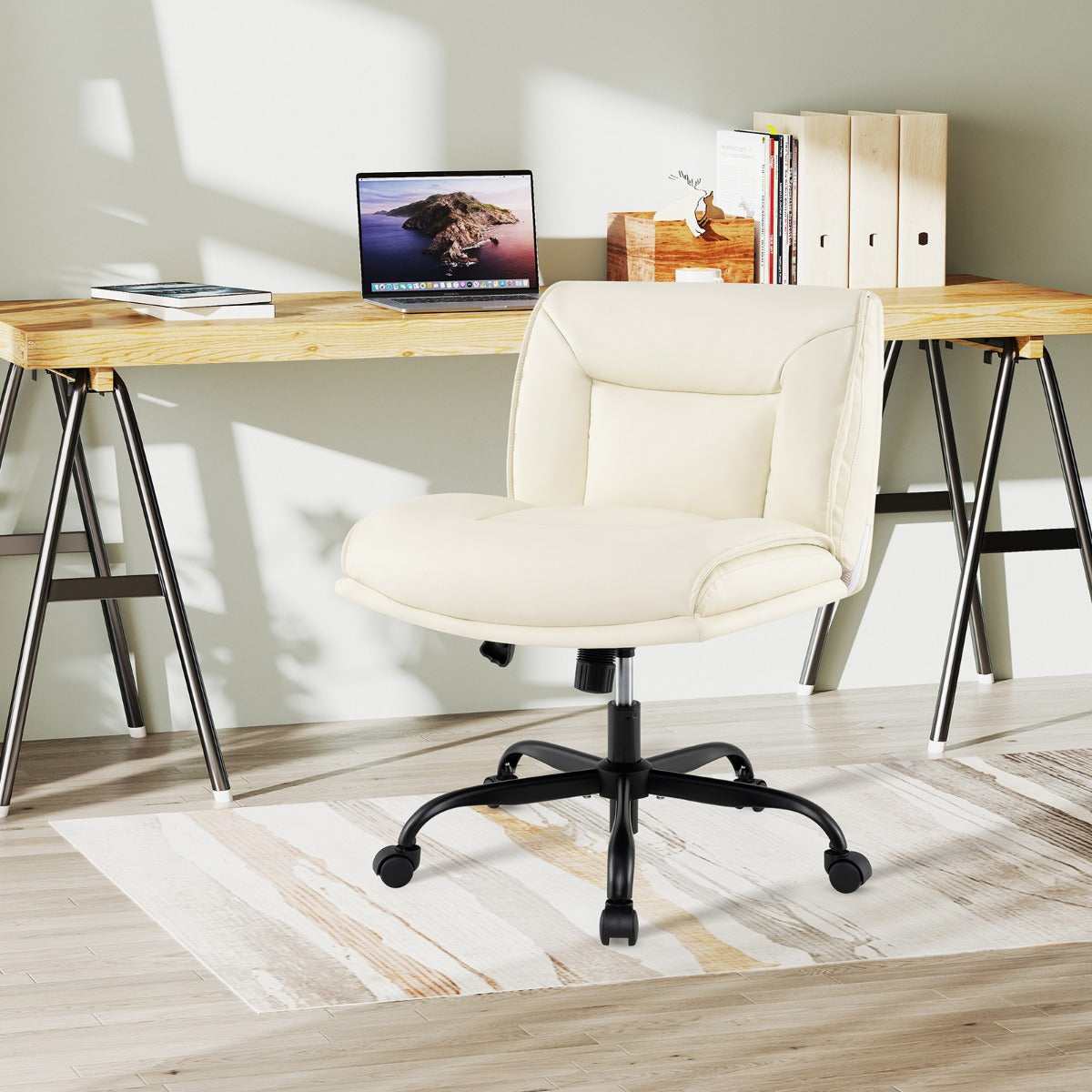 Cadeira de Escritório sem Braços em PU Altura Ajustável Elevação a Gás Giratória 360° Assento Largo 72 x 72 x 82-90 cm Branco