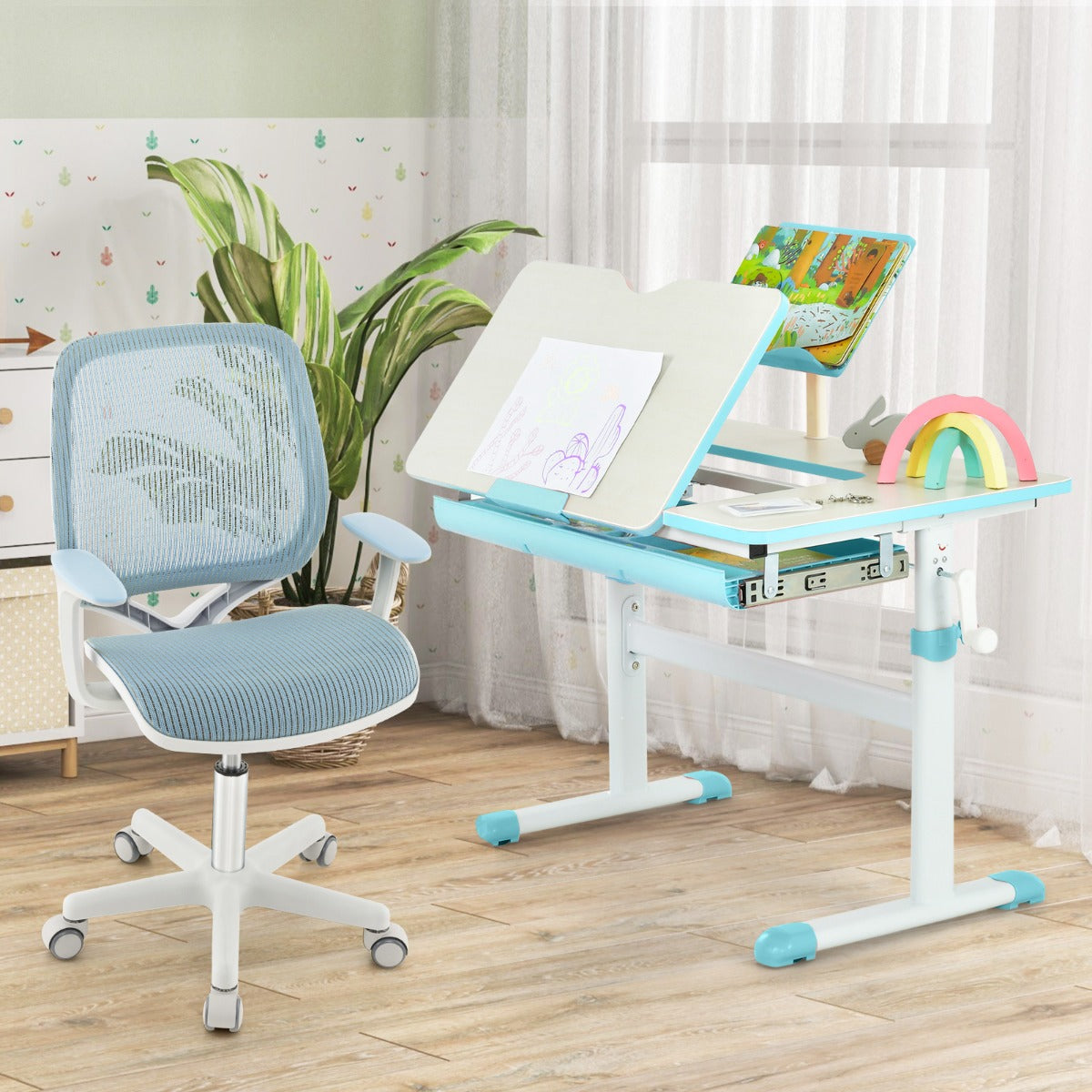 Cadeira de Escritório Giratória para Crianças – 57 x 57 x 80-92 cm – Azul – Malha de Nylon