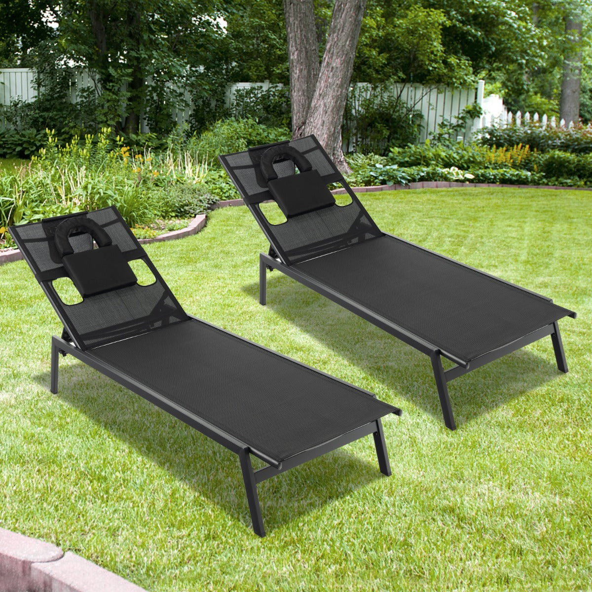 Tumbona de Jardim Exterior com Encosto Ajustável de 5 Posições, Buraco para o Rosto e Almofadas para a Cabeça, em Preto