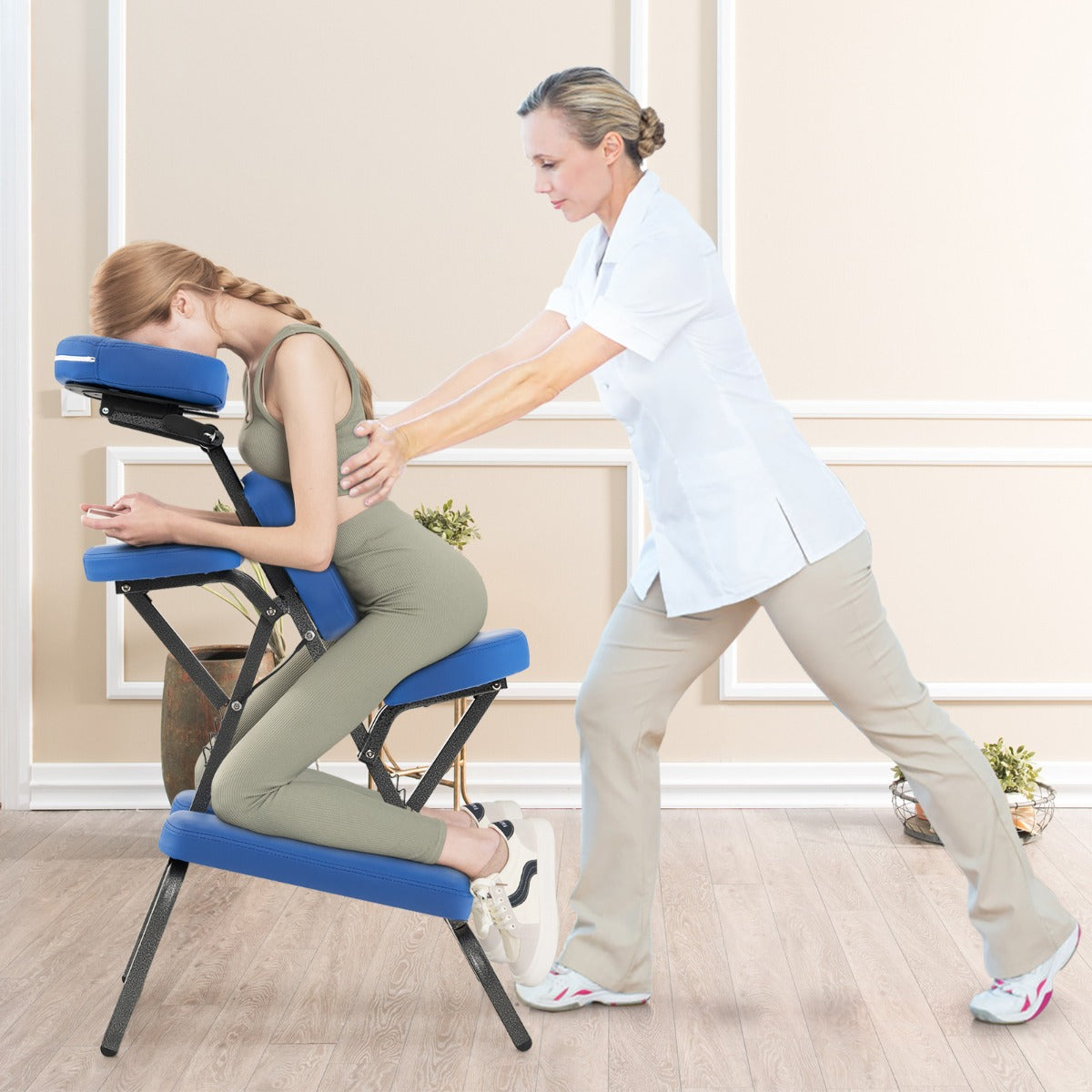 Cadeira de Massagem Dobrável Ajustável em Altura – 48 x 55 x 120 cm – Azul – Metal e Pele PU