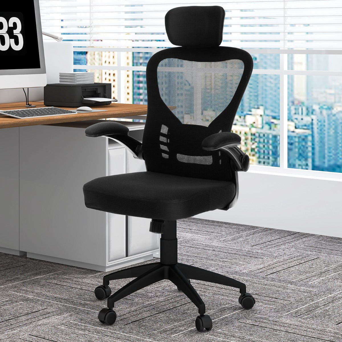 Cadeira de Escritório Ergonómica – 66 x 66 x 114-124 cm – Preto – Malha