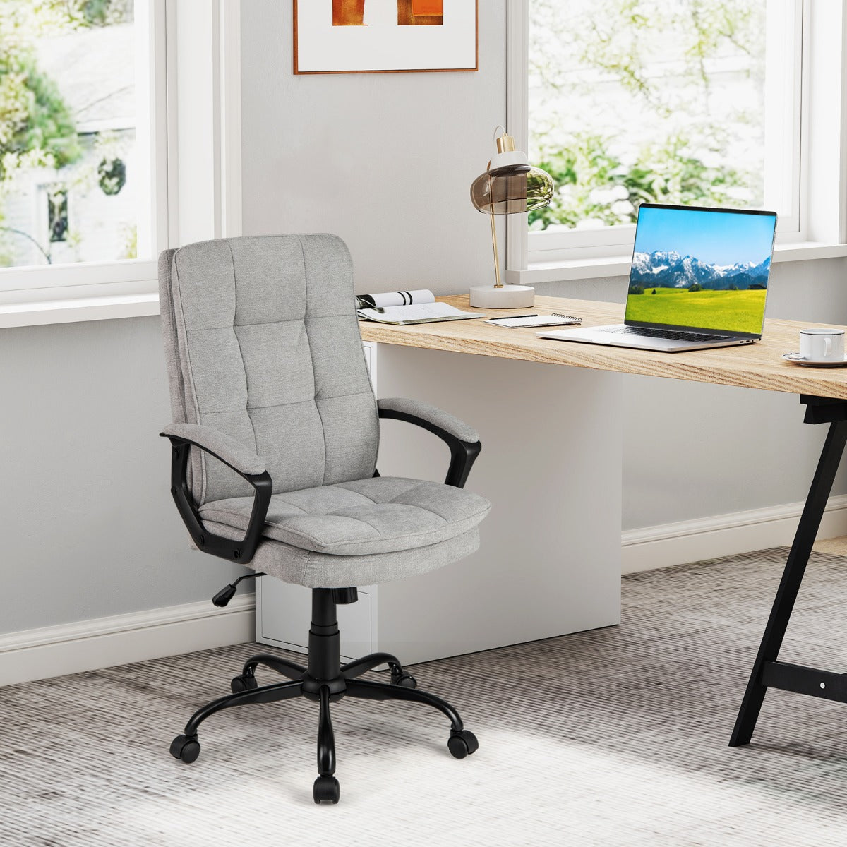 Cadeira de Escritório Ergonómica com Altura Ajustável, Respirável, com Rodas e Apoio de Braços Cinzento