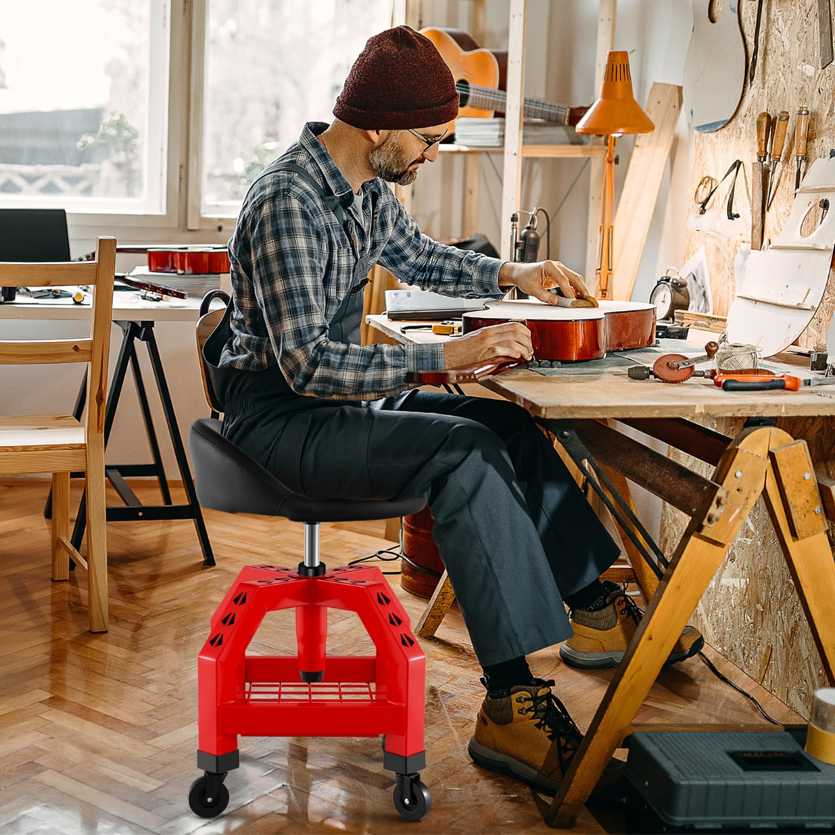 Banco de Trabalho Mecânico com Rodas - 150 kg - Vermelho - Metal