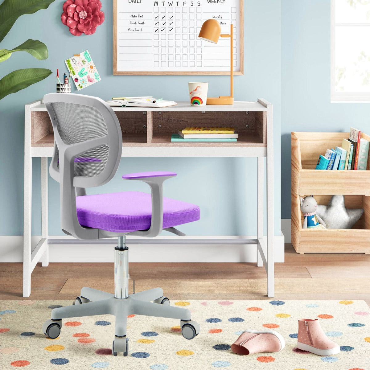 Cadeira Ergonómica de Escritório para Crianças com Rodas Cadeira Giratória de Computador Altura Ajustável Suporte Lombar Roxo