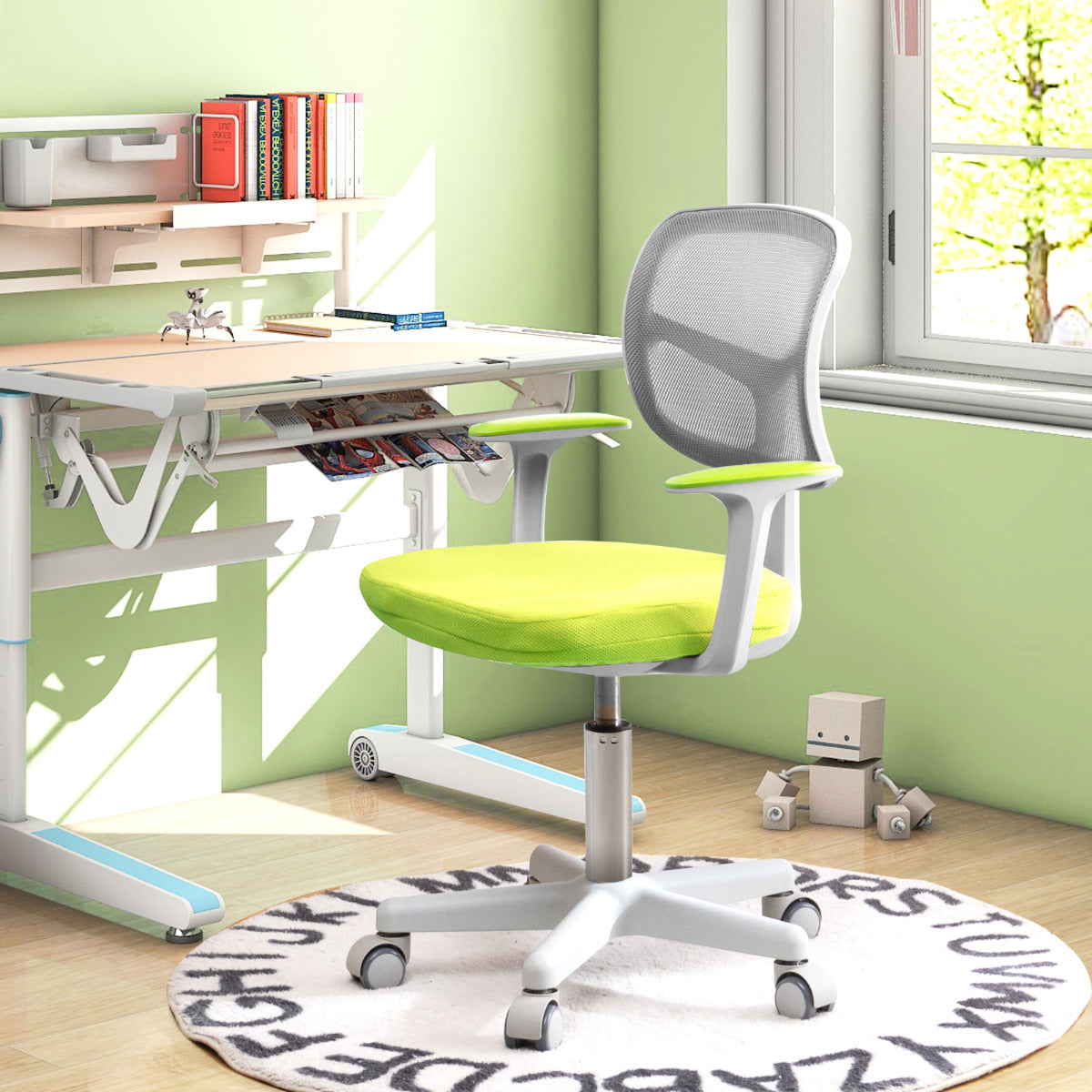 Cadeira Ergonómica de Escritório para Crianças com Rodas Cadeira Giratória de Computador Altura Regulável Suporte Lombar Verde