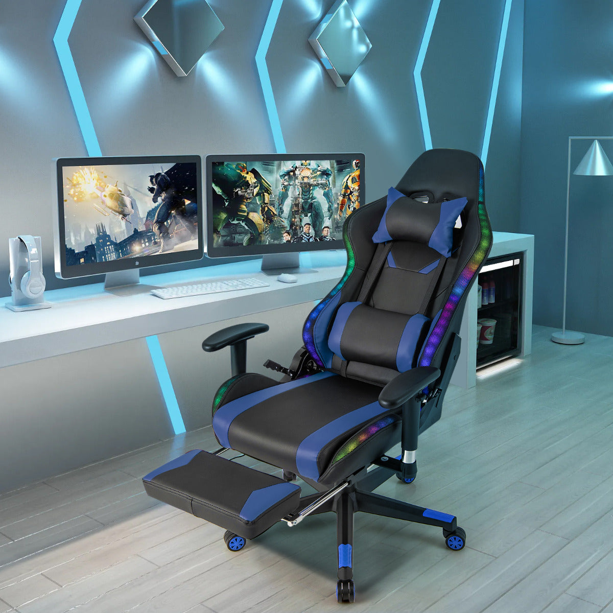 Silla Gaming com Luzes LED RGB, Giratória e Ergonómica - Azul
