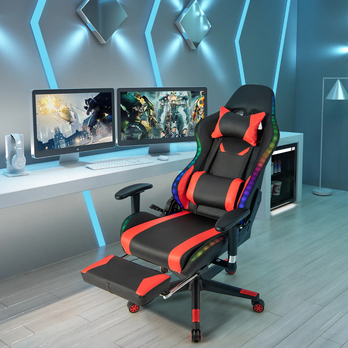 Cadeira Gaming com Luzes LED RGB Cadeira de Escritório Giratória Ergonómica com Altura Ajustável Encosto Apoio de Braços Apoio para Pés Retrátil Vermelho
