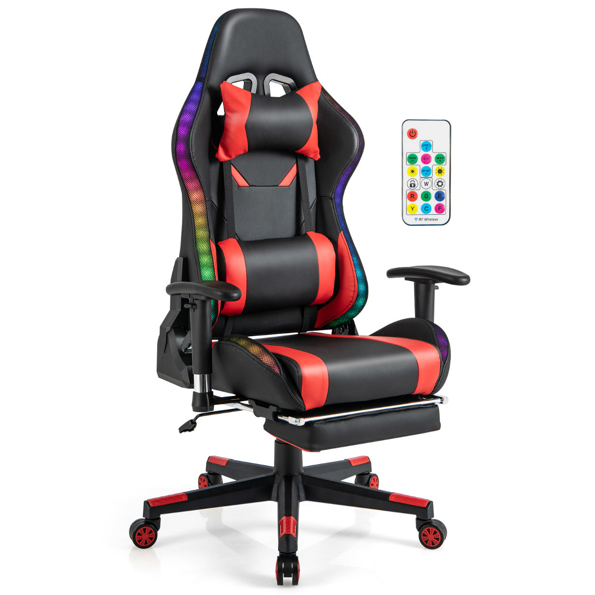 Cadeira Gaming com Luzes LED RGB Cadeira de Escritório Giratória Ergonómica com Altura Ajustável Encosto Apoio de Braços Apoio para Pés Retrátil Vermelho