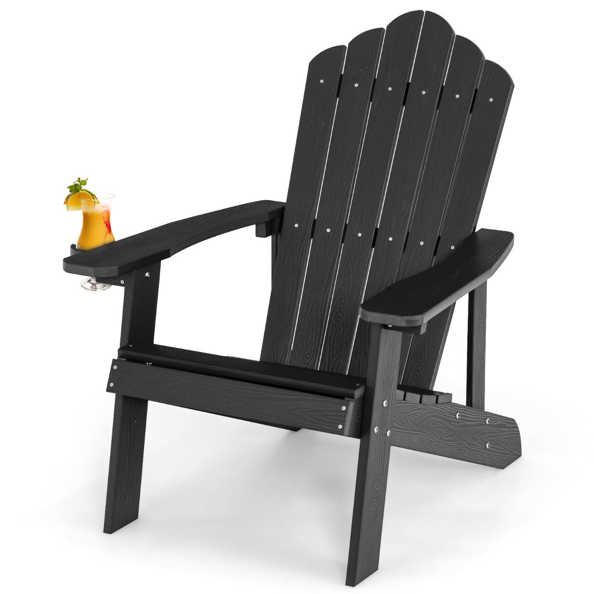 Cadeira de Exterior em HIPS com Suporte para Copos de Madeira Realista Resistente às Intempéries para Pátio Jardim Terraço Preto