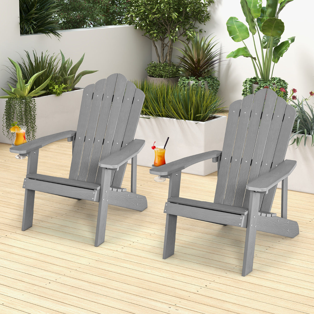 Silla de Exterior com Porta-Copos em Grão de Madeira Realista Resistente às Intempéries para Pátio Jardim Terraço Cinzento