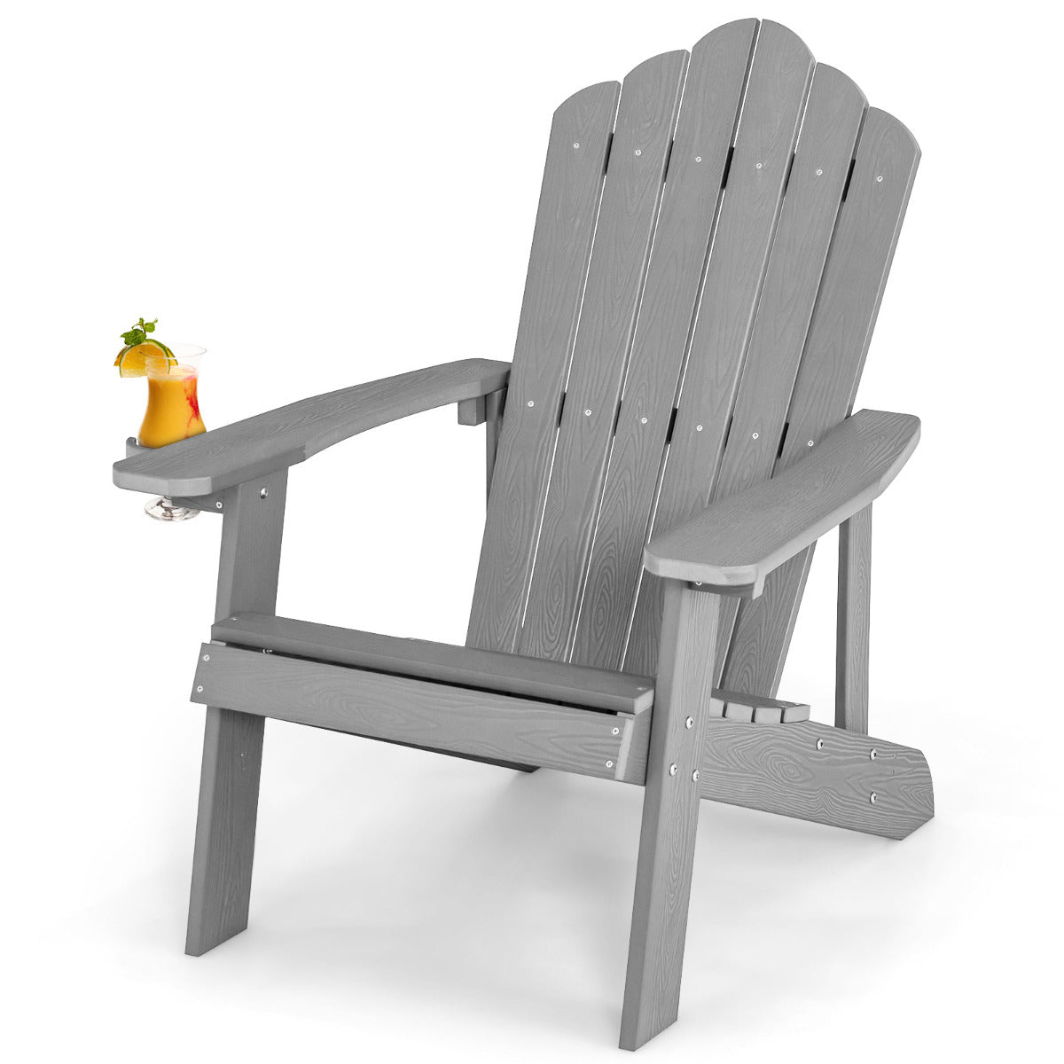 Silla de Exterior com Porta-Copos em Grão de Madeira Realista Resistente às Intempéries para Pátio Jardim Terraço Cinzento