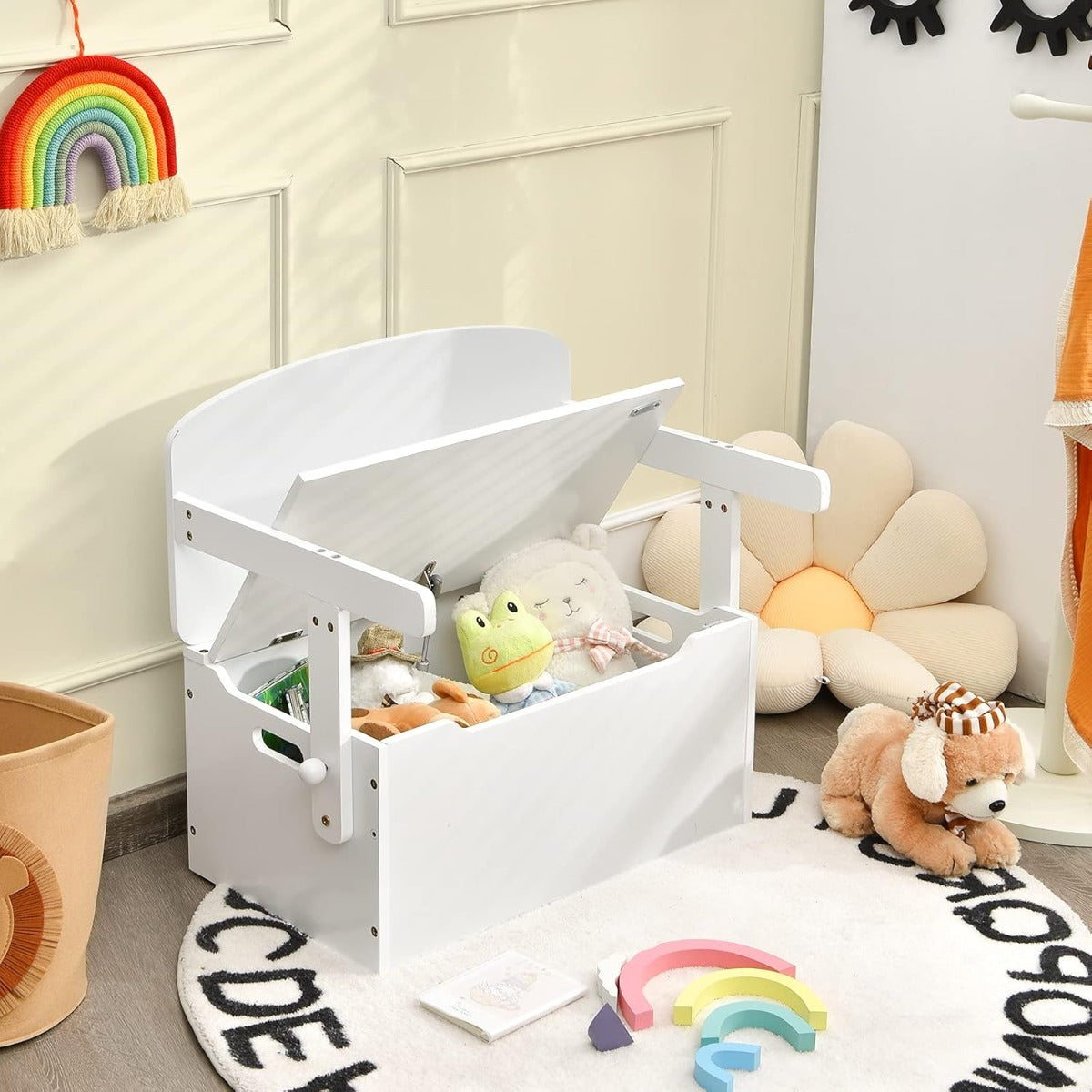 Silla Infantil 3 em 1 com Banco para Bagageira de Brinquedos com Tampa Encosto Caixa de Arrumação Mesa de Atividades para 3-7 Anos Branco