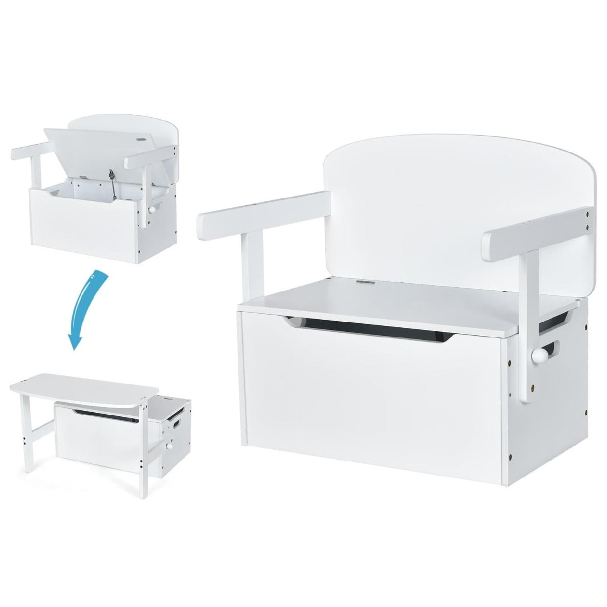 Silla Infantil 3 em 1 com Banco para Bagageira de Brinquedos com Tampa Encosto Caixa de Arrumação Mesa de Atividades para 3-7 Anos Branco