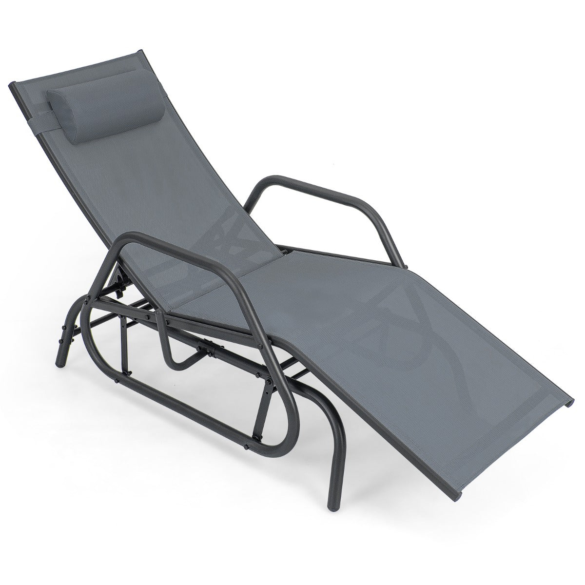Tumbona de Jardim com Apoios de Braços e Almofada Cadeira de Baloiço Encosto Ajustável Estrutura de Metal para Praia Piscina 177 x 70 x 101 cm Cinzento