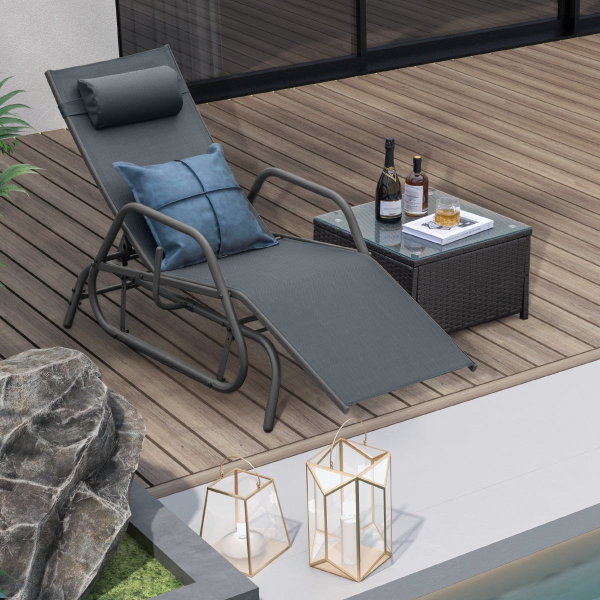 Tumbona de Jardim com Apoios de Braços e Almofada Cadeira de Baloiço Encosto Ajustável Estrutura de Metal para Praia Piscina 177 x 70 x 101 cm Cinzento