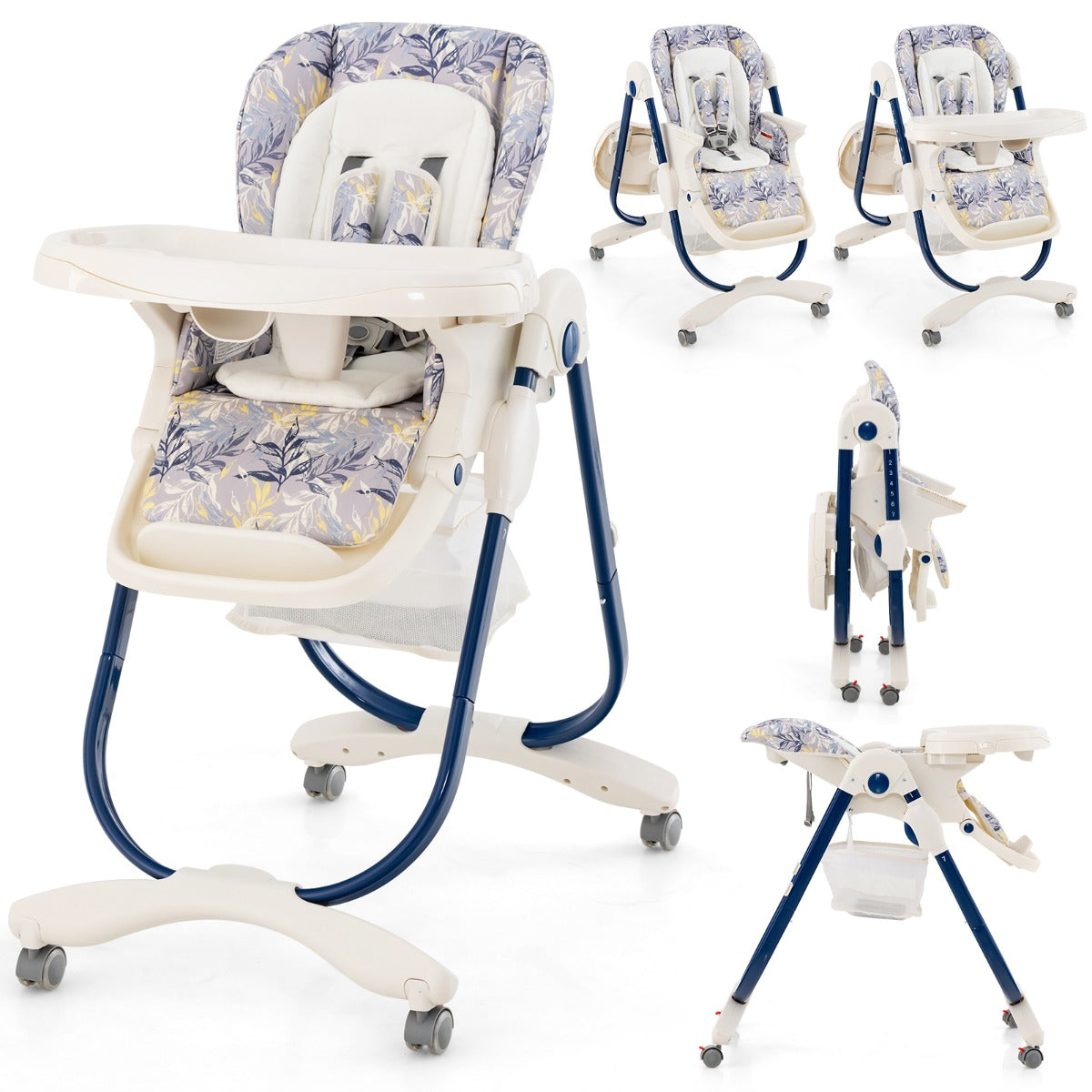 Trona de Bebés Plegable com Rodas Giratórias 7 Alturas Ajustáveis Apoio para os Pés Encosto Tabuleiro de Refeição Apoio para os Pés e Encosto Azul