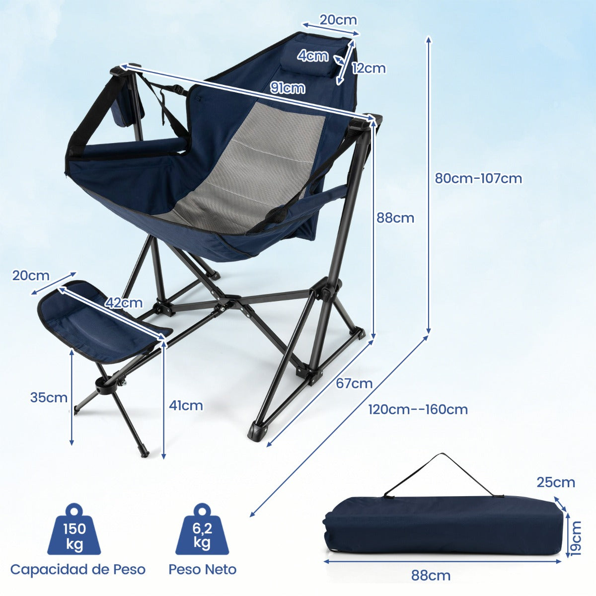 Cadeira de Campismo Dobrável – Azul Marinho – Metal