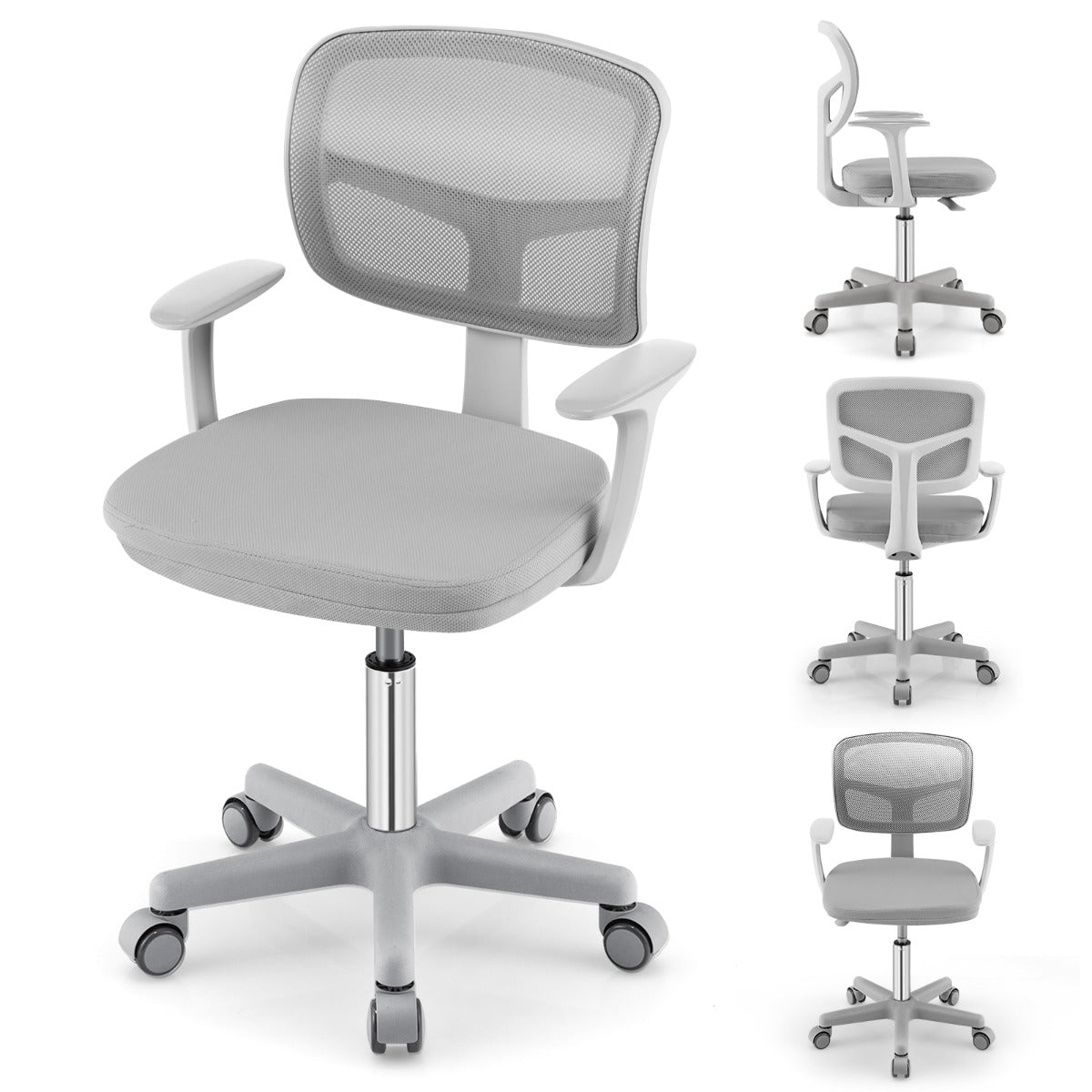 Cadeira Ergonómica para Escritório para Crianças com Rodas Cadeira Giratória de Computador Altura Ajustável Suporte Lombar Cinzenta