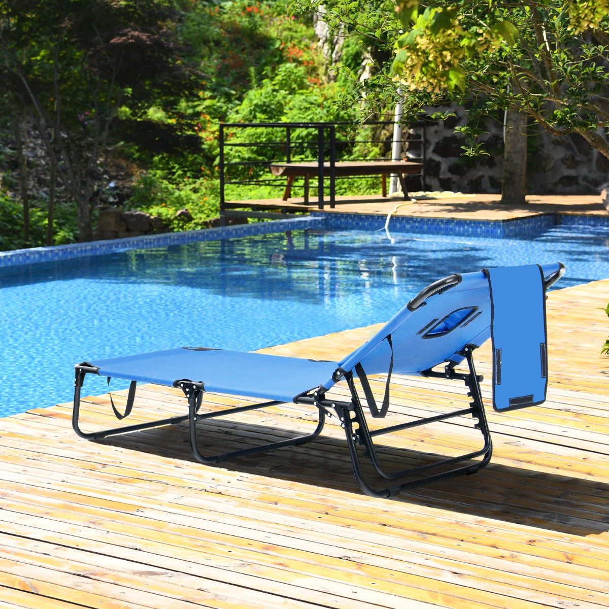 Tumbona de Jardim Plegável com 3 Almofadas Removíveis e Encosto Ajustável em 5 Posições Azul