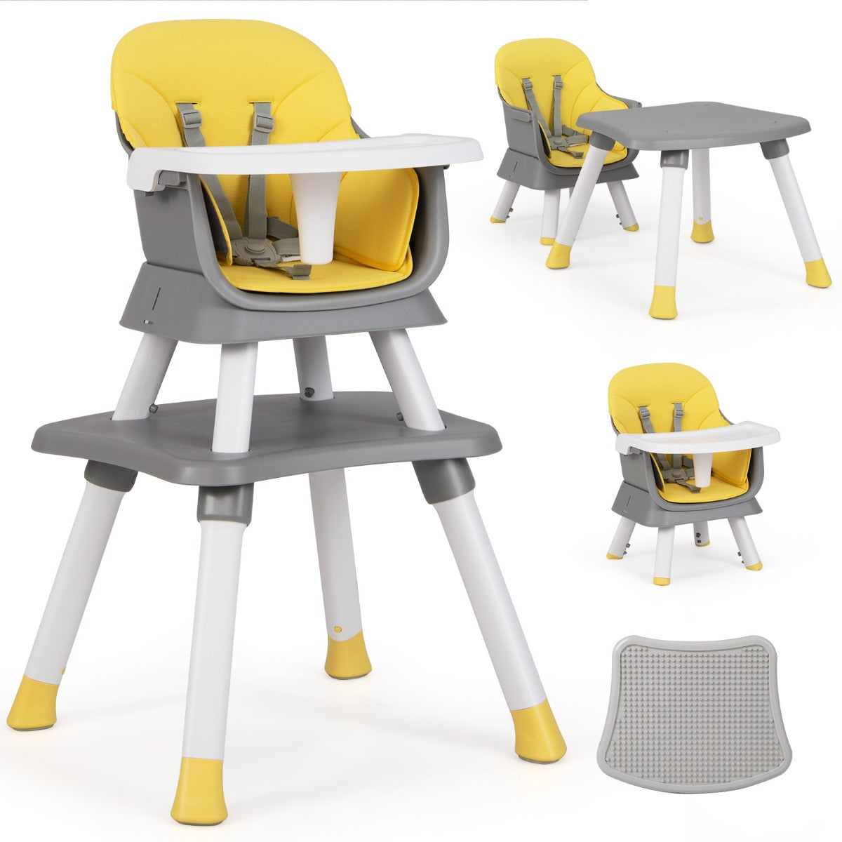 Cadeira Alta para Bebés 6em1 Cadeira de Alimentação Infantil Conversível Assento Elevatório de Refeição Conjunto de Mesa e Cadeira para Crianças Amarelo