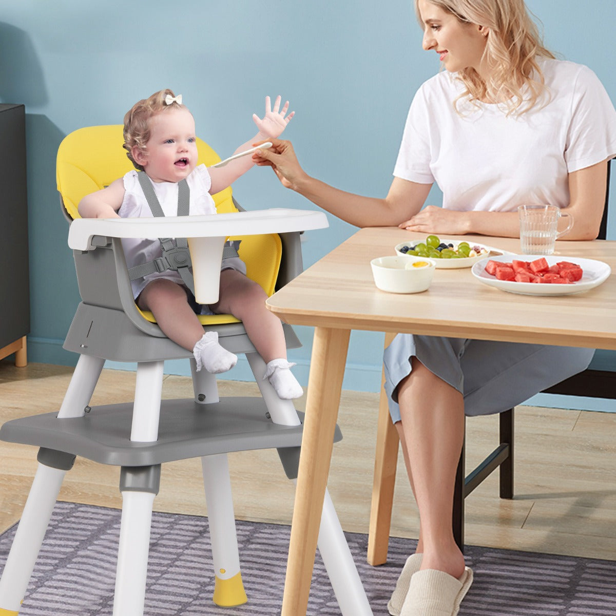 Cadeira Alta para Bebés 6em1 Cadeira de Alimentação Infantil Conversível Assento Elevatório de Refeição Conjunto de Mesa e Cadeira para Crianças Amarelo
