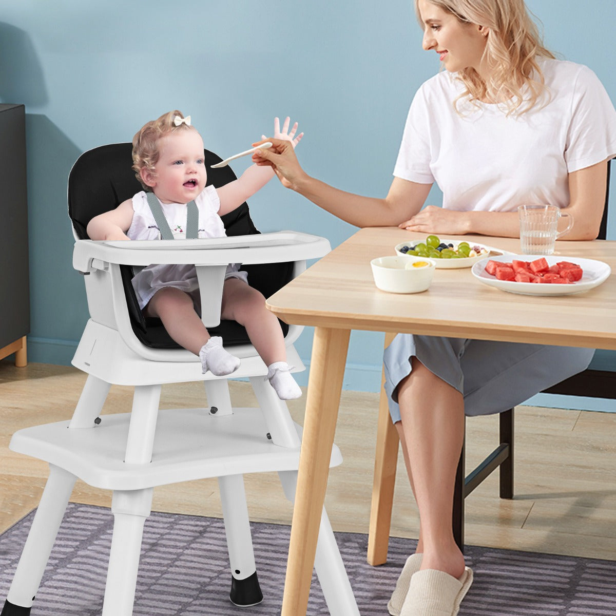Cadeira Alta para Bebés 6 em 1 - Cadeira de Alimentação Infantil Conversível - Cadeira Elevatória de Refeição - Conjunto de Mesa e Cadeira para Crianças em Preto