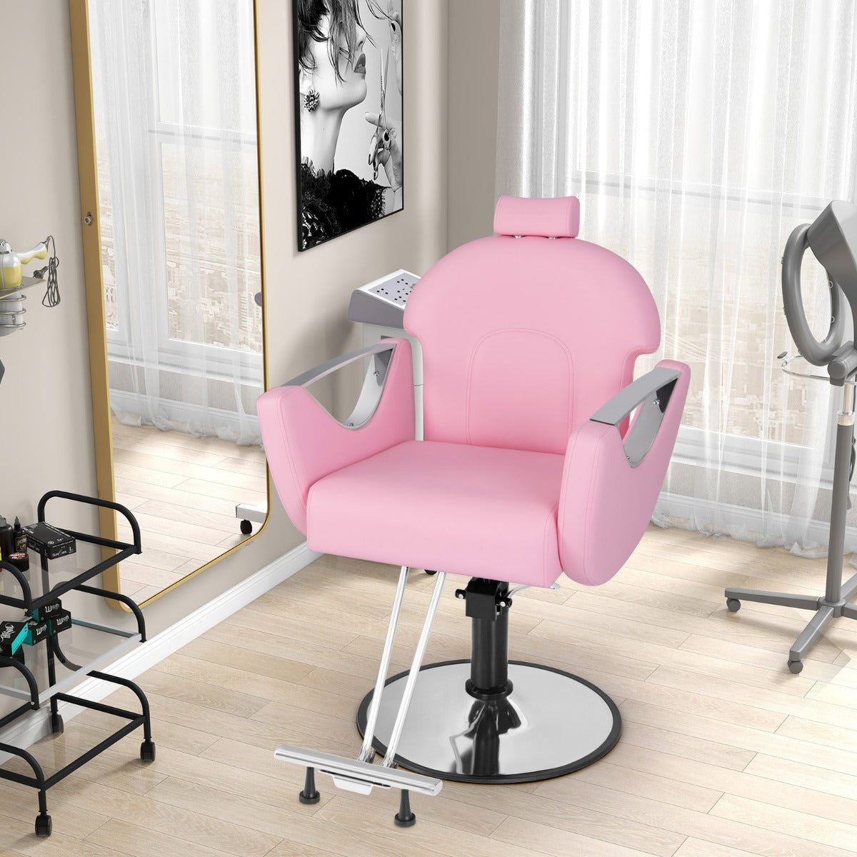 Silla de Barbero Reclinável para Estilistas com Rotação 360° e Altura Ajustável - Cor-de-Rosa