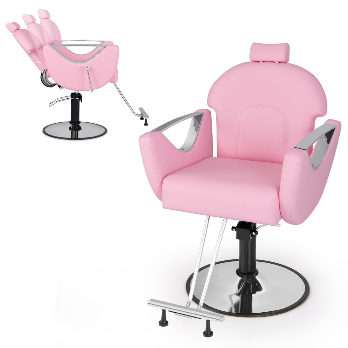 Silla de Barbero Reclinável para Estilistas com Rotação 360° e Altura Ajustável - Cor-de-Rosa