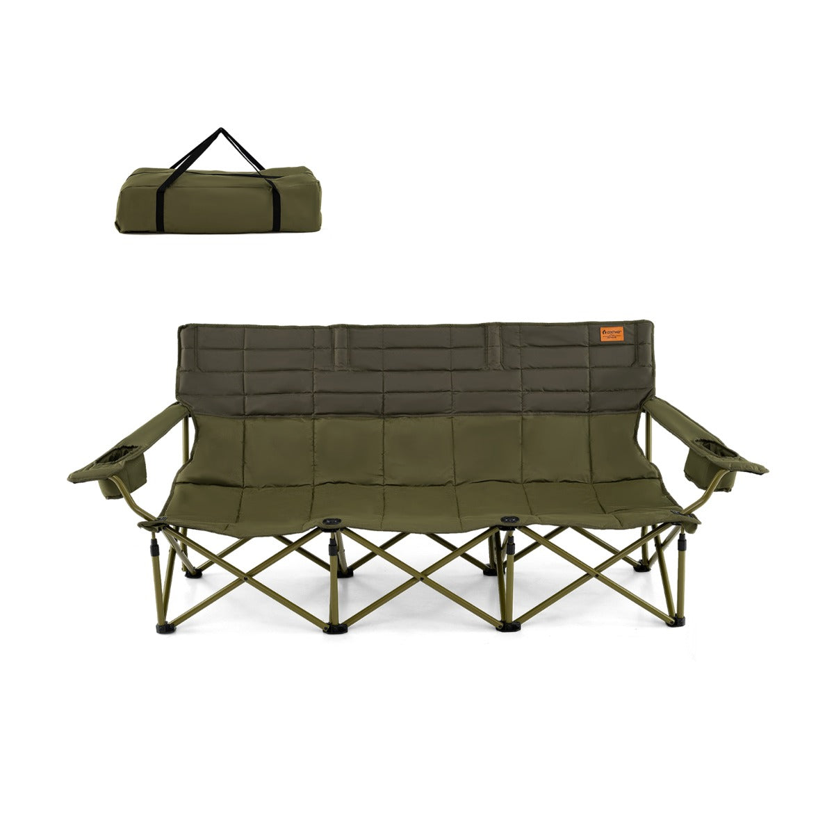 Silla de Camping para 3 Pessoas com Apoios de Braços Ajustáveis Porta-Copos e Bolsa de Transporte Carga Máxima de 408 kg 194 x 69 x 82 cm Verde