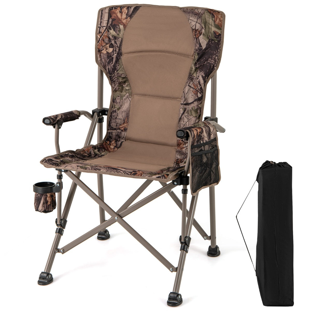 Cadeira de Campismo Dobrável com Porta-Copos e Bolsa de Rede para Armazenamento com Saco de Transporte 67 x 62 x 104 cm Castanho