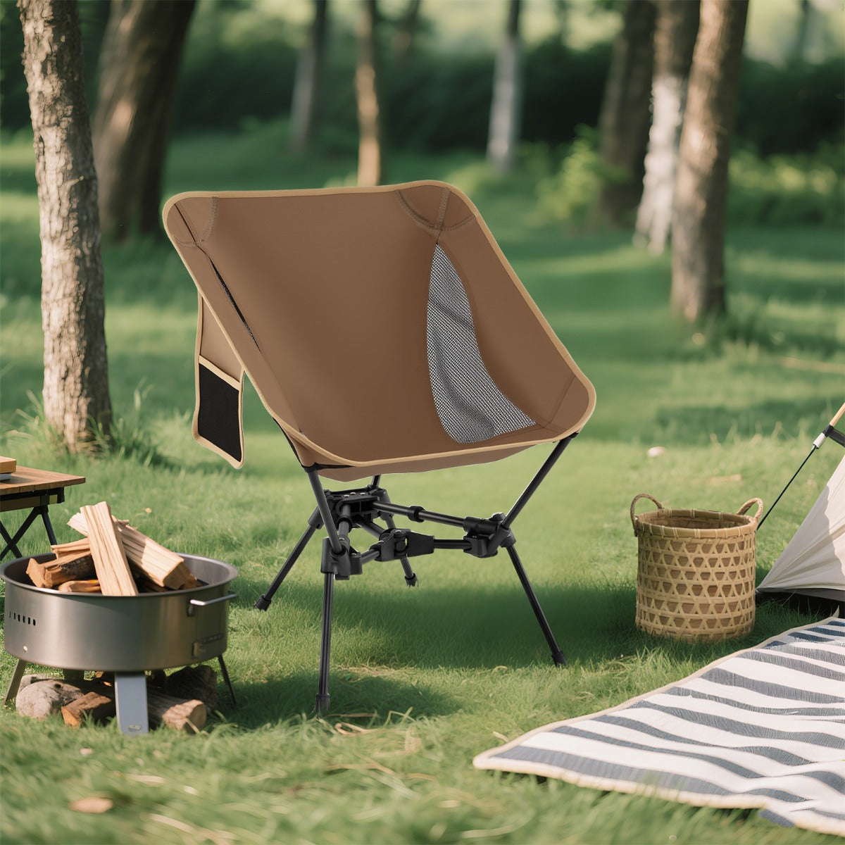 Cadeira de Campismo Dobrável com Bolsa de Transporte Base Triangular Dupla 150 kg de Capacidade para Praia Piquenique 51 x 54 x 66 cm Café