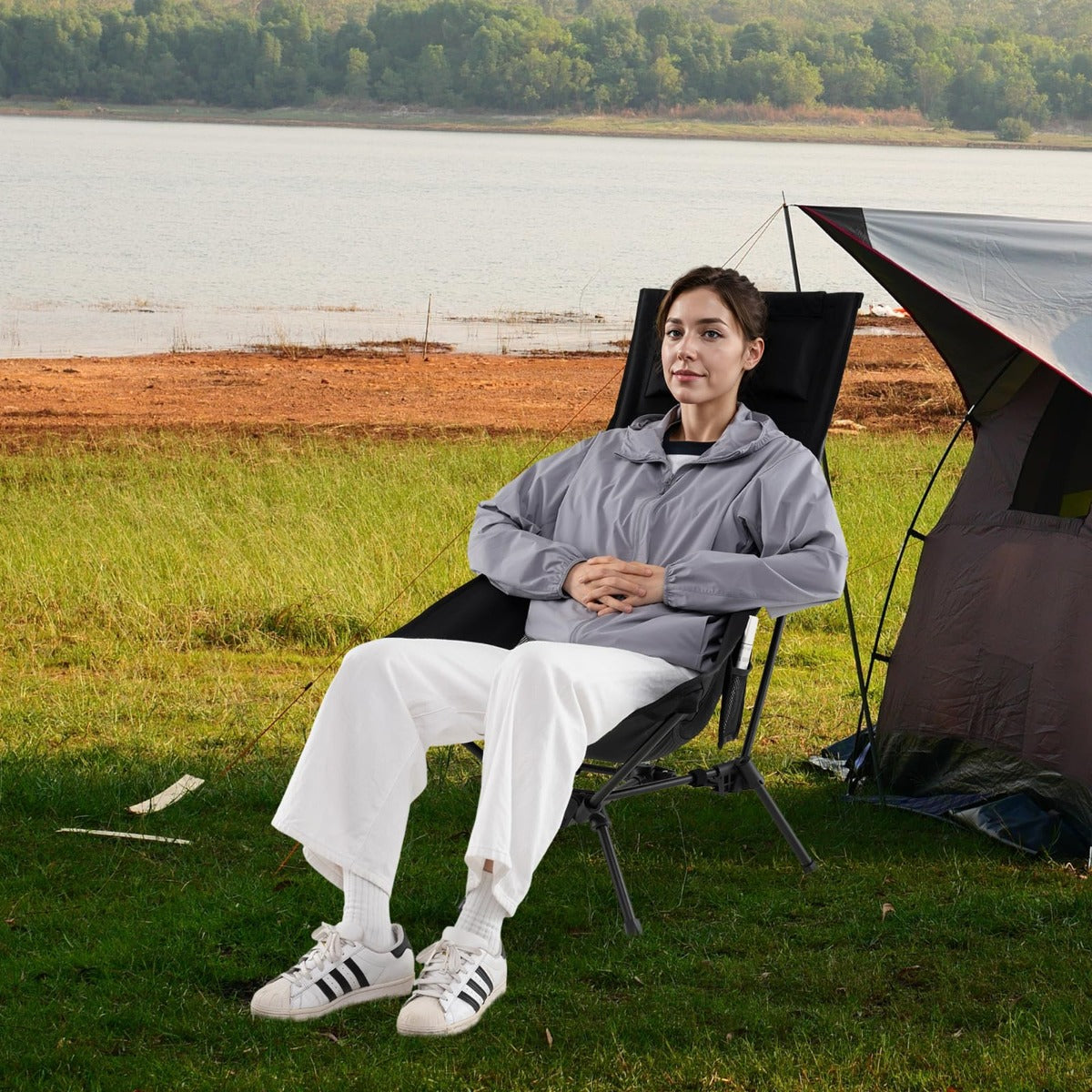 Cadeira de Camping Portátil com Bolsa de Transporte Compacta e Almofada para Caminhadas, Praia e Piquenique 60 x 83 x 99 cm Preto