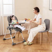 Cadeira Alta Dobrável para Bebés e Crianças Pequenas Cadeira de Refeição Portátil Ajustável com Apoio para os Pés Almofada de Assento em PU Fácil de Limpar Cinzenta