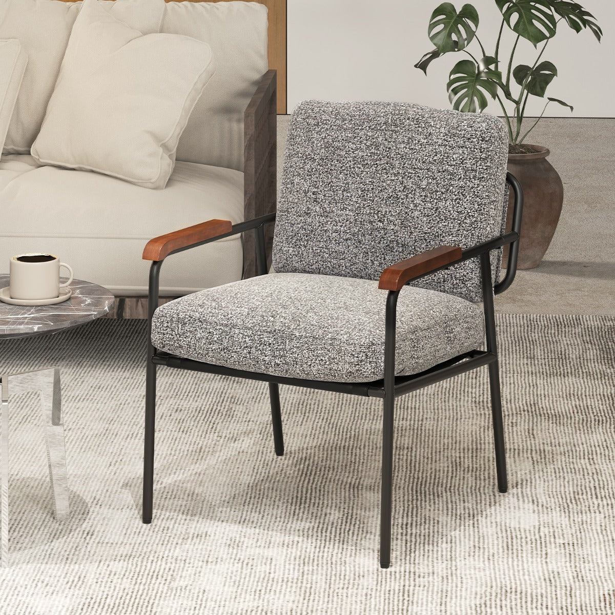 Sillón Decorativo com Almofada de Encosto e Assento Almofadado Apoio de Braços em Madeira Maciça de Borracha com Estrutura em Metal Cinza e Preto