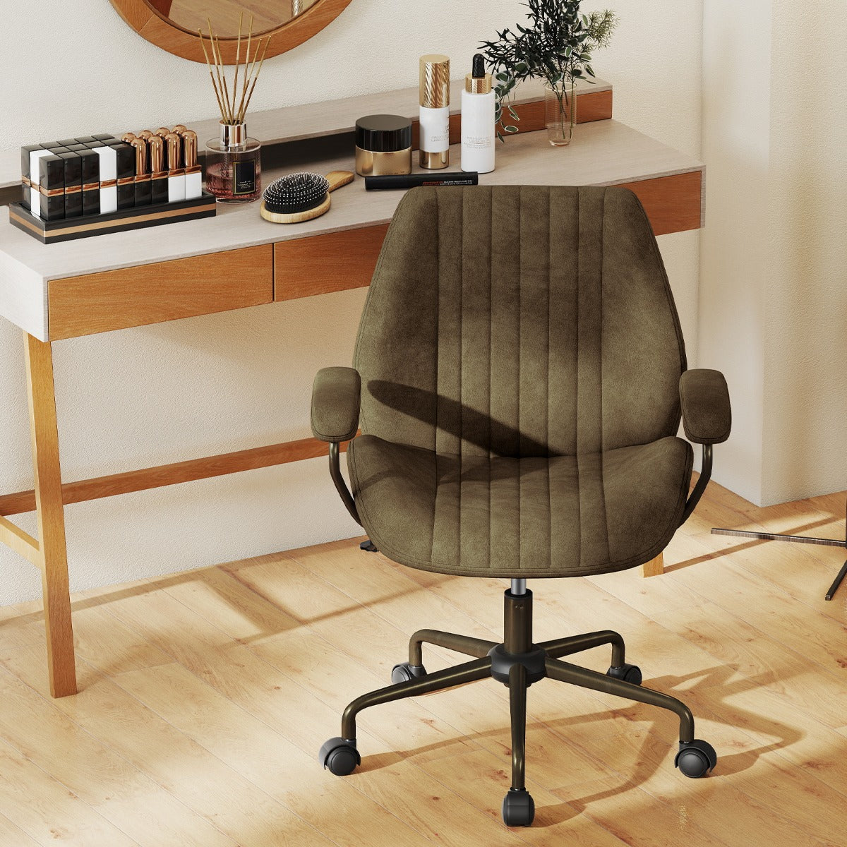 Cadeira de Escritório com Altura Regulável e Apoios de Braços Acolchoados e Rodízios Base de 5 Raios Capacidade de Carga 150 kg 68 x 66 x 85-92 cm Verde Oliva
