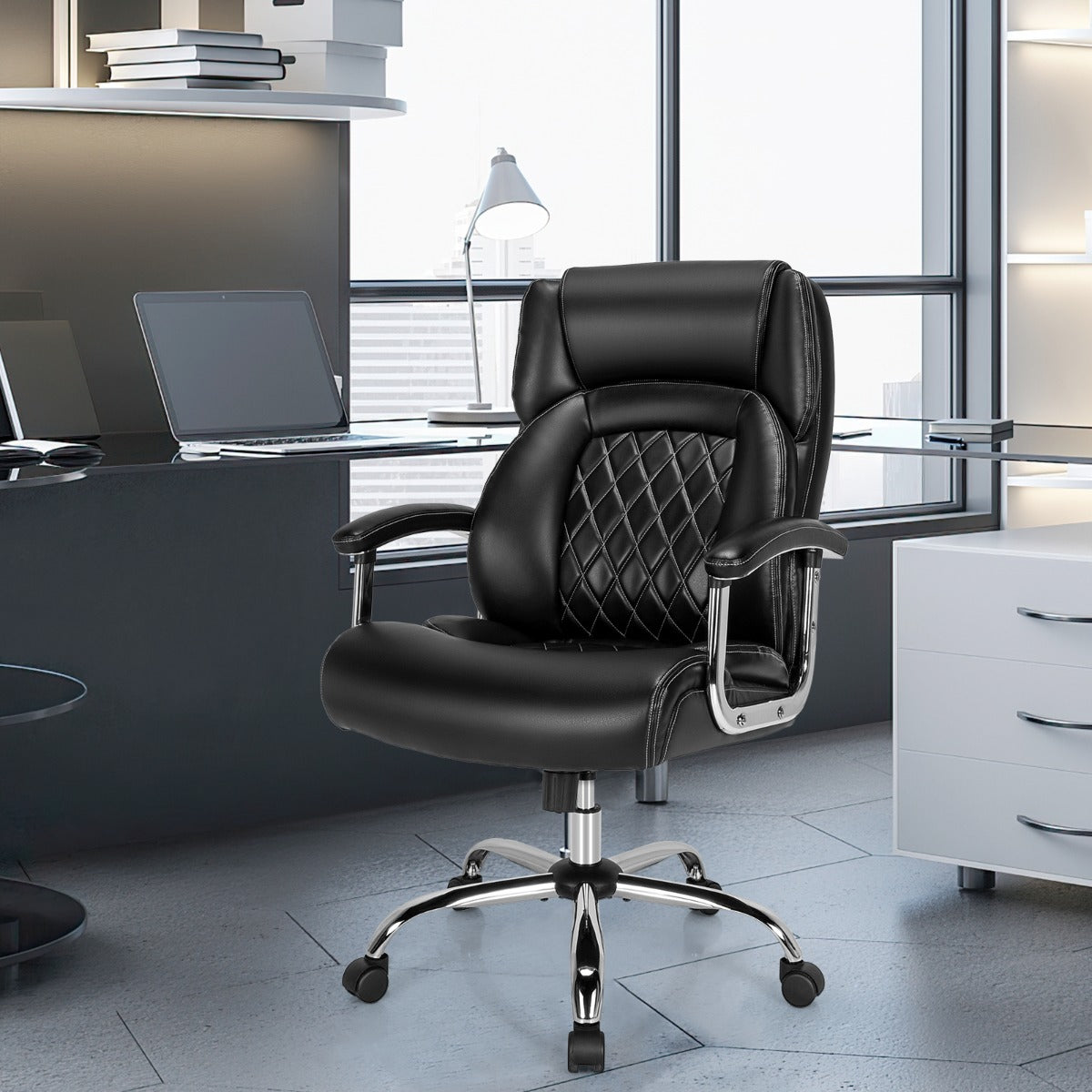 Cadeira de Escritório Ergonómica para Pessoas Altas e Corpulentas - Sillón Executivo com Assento Extra Largo e Resistente com Encosto Alto em Preto