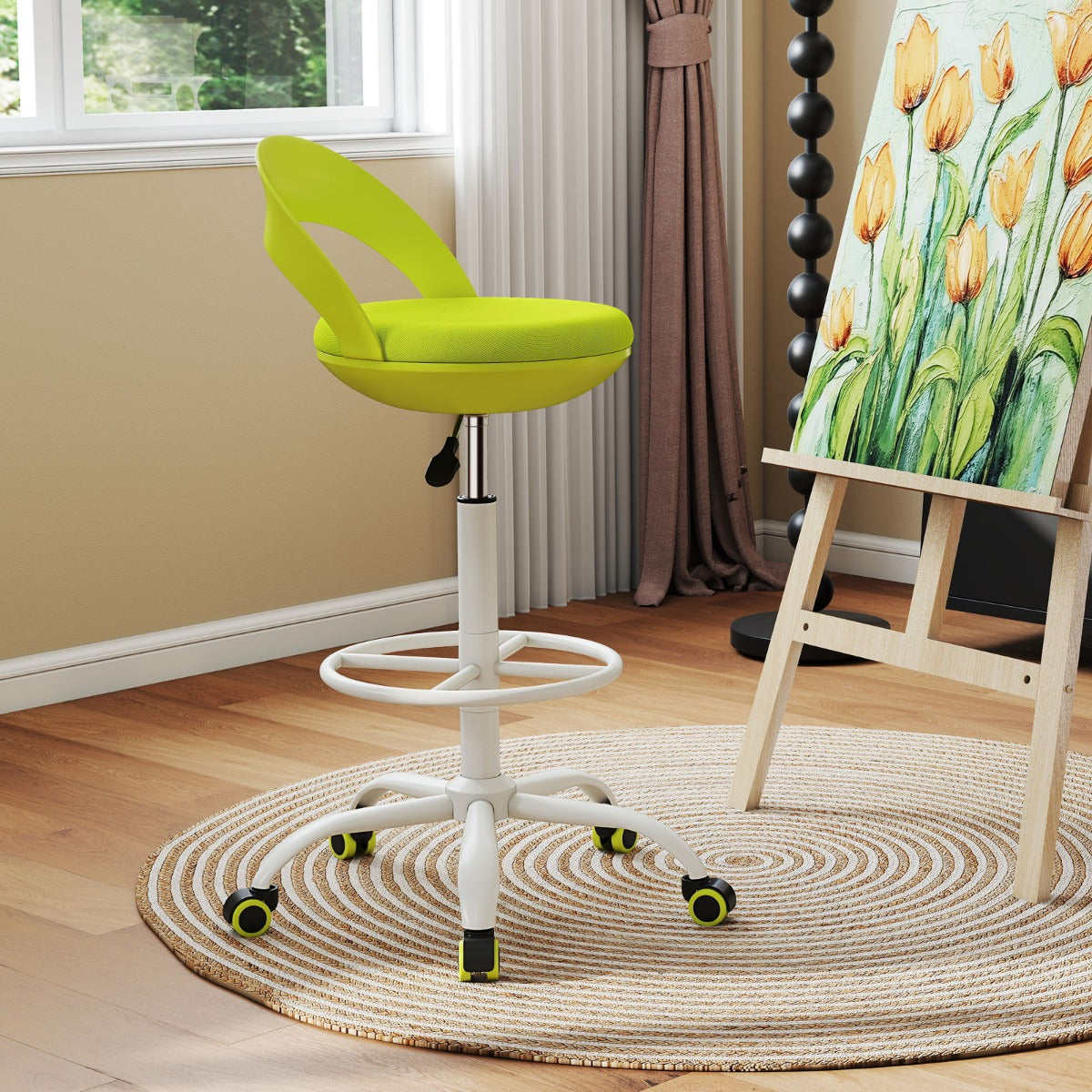 Cadeira de Escritório com 5 Rodas, Encosto Baixo, Apoio para os Pés Redondo, Verde, 52 x 52 x 88-100 cm