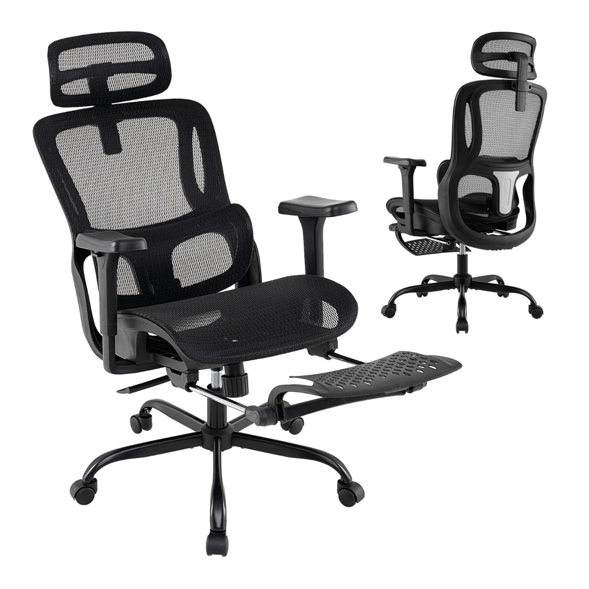Sillón de Escritório Ergonómico com Encosto Giratório Suporte Lombar Ajustável Apoio de Braços 3D Apoio de Pés Retrátil