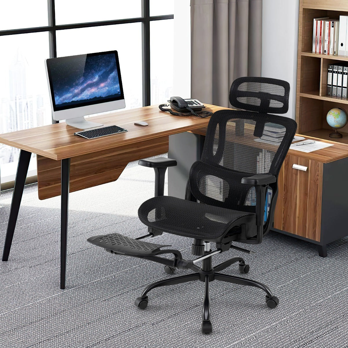 Sillón de Escritório Ergonómico com Encosto Giratório Suporte Lombar Ajustável Apoio de Braços 3D Apoio de Pés Retrátil