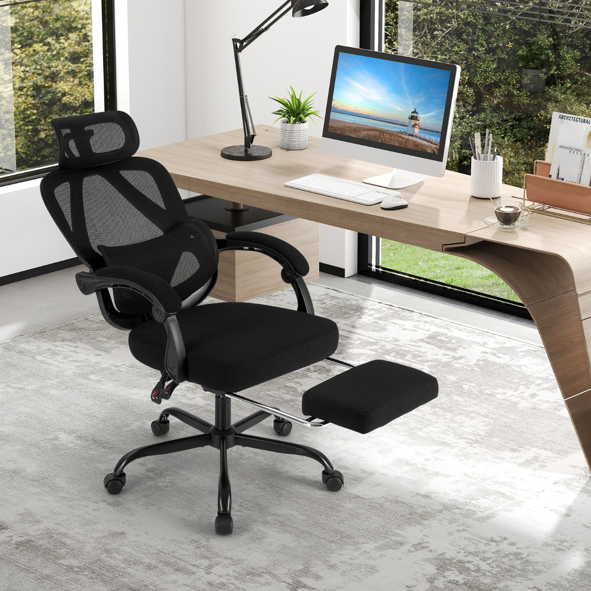 Cadeira de Escritório Ergonómica Poltrona de Escritório com Encosto Alto em Malha e Apoio de Pés Retrátil Encosto Inclinável Sem Escalas 135°