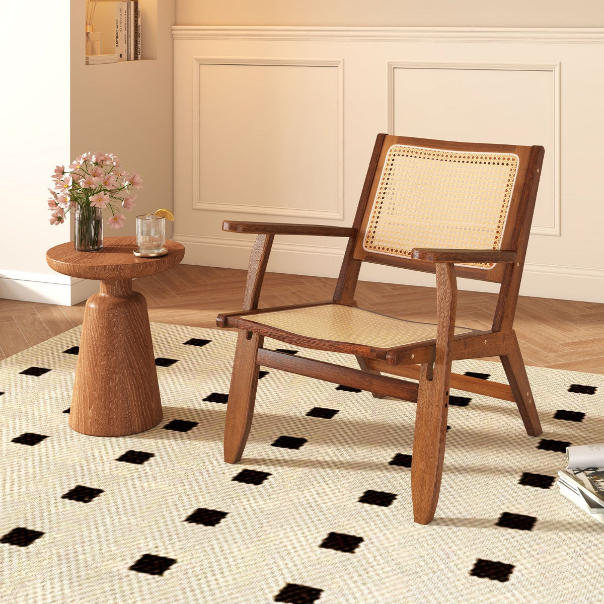 Sillón Decorativo de Vime Boho Estilo Meados do Século com Estrutura de Bambu Maciço Poltrona de Leitura de Lazer Nogueira