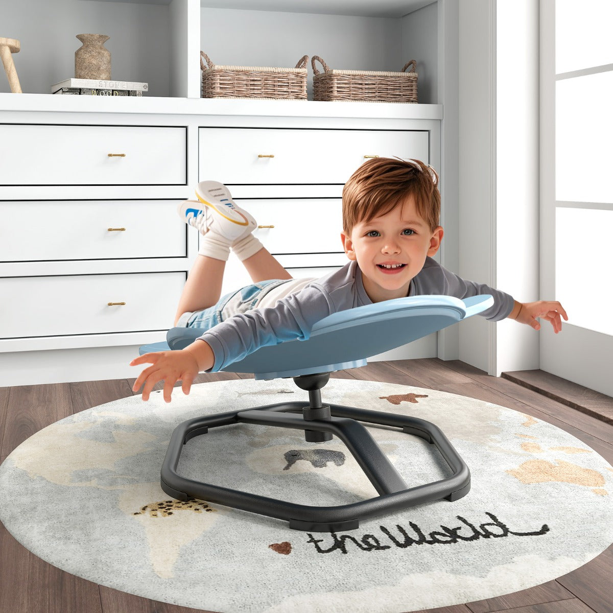 Cadeira Giratória Sensorial para Crianças Equipamento Sensorial para Autismo com Base Metálica Antiderrapante Rotação 360° 54 x 50 x 25 cm Azul Claro