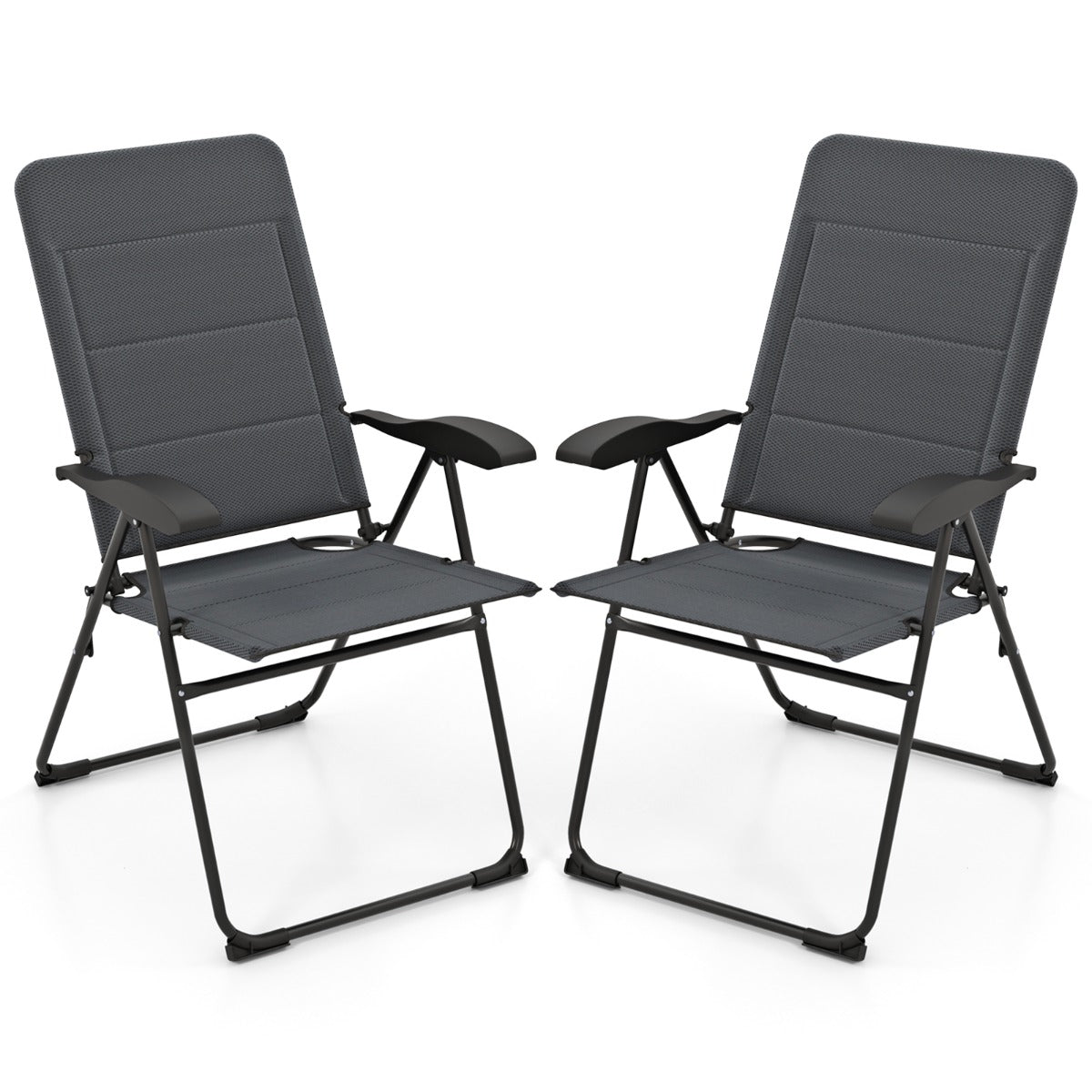 Conjunto de 2 Cadeiras Dobráveis para Exterior com Encosto Ajustável, Apoio Ergonómico e Almofada de Assento, Estrutura em Metal Cinzento