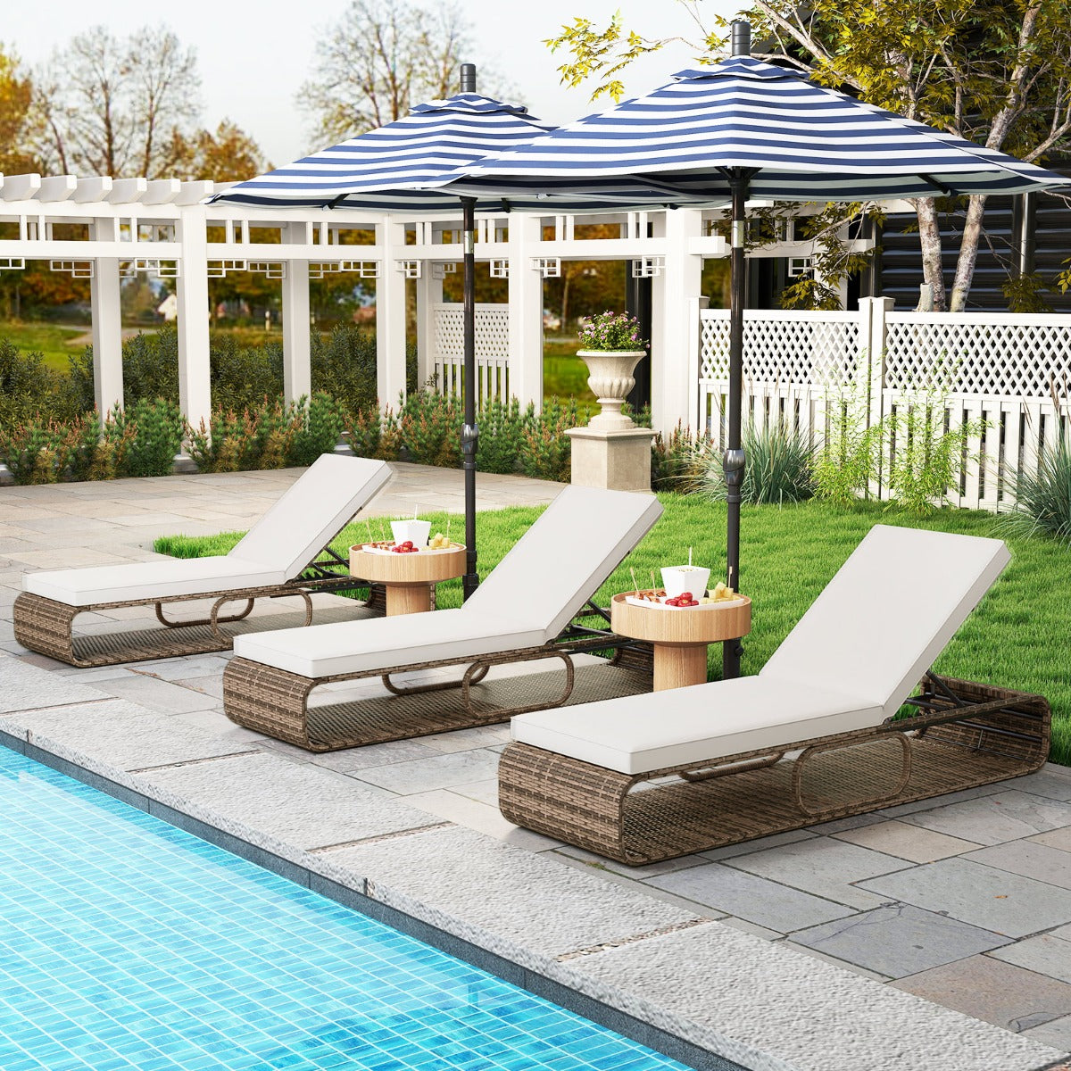 Tumbona de Exterior com Encosto Ajustável, Almofada e Armazenamento para Piscina, Pátio e Jardim 185 x 65 x 26 cm Branco