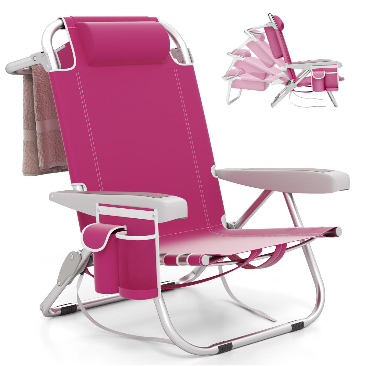Cadeira de Praia Portátil Dobrável de 5 Posições com Suporte para Copos, Bolsos e Almofada para a Cabeça - Rosa - Conjunto de 1