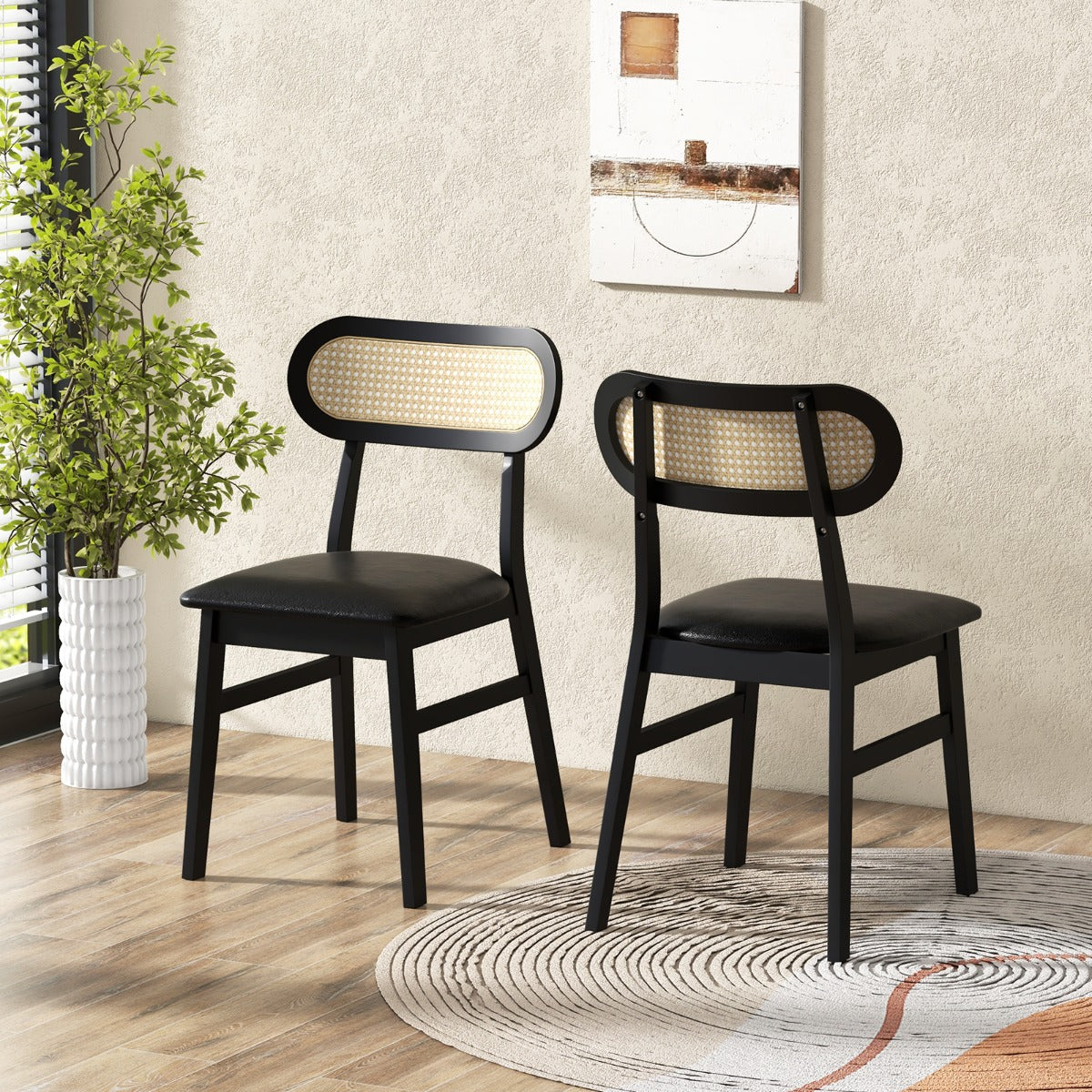 Conjunto de 2 Cadeiras de Jantar de Madeira de Borracha – Preto – Pele Sintética