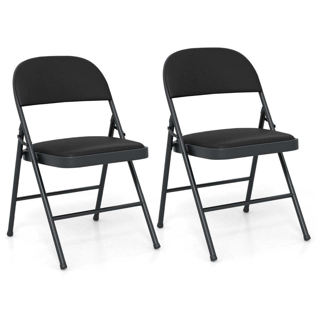 Conjunto de 2 Cadeiras Dobráveis com Estrutura Metálica Cadeira de Jardim Cadeira de Campismo em Pele Sintética Cadeiras de Jantar Acolchoadas Preto