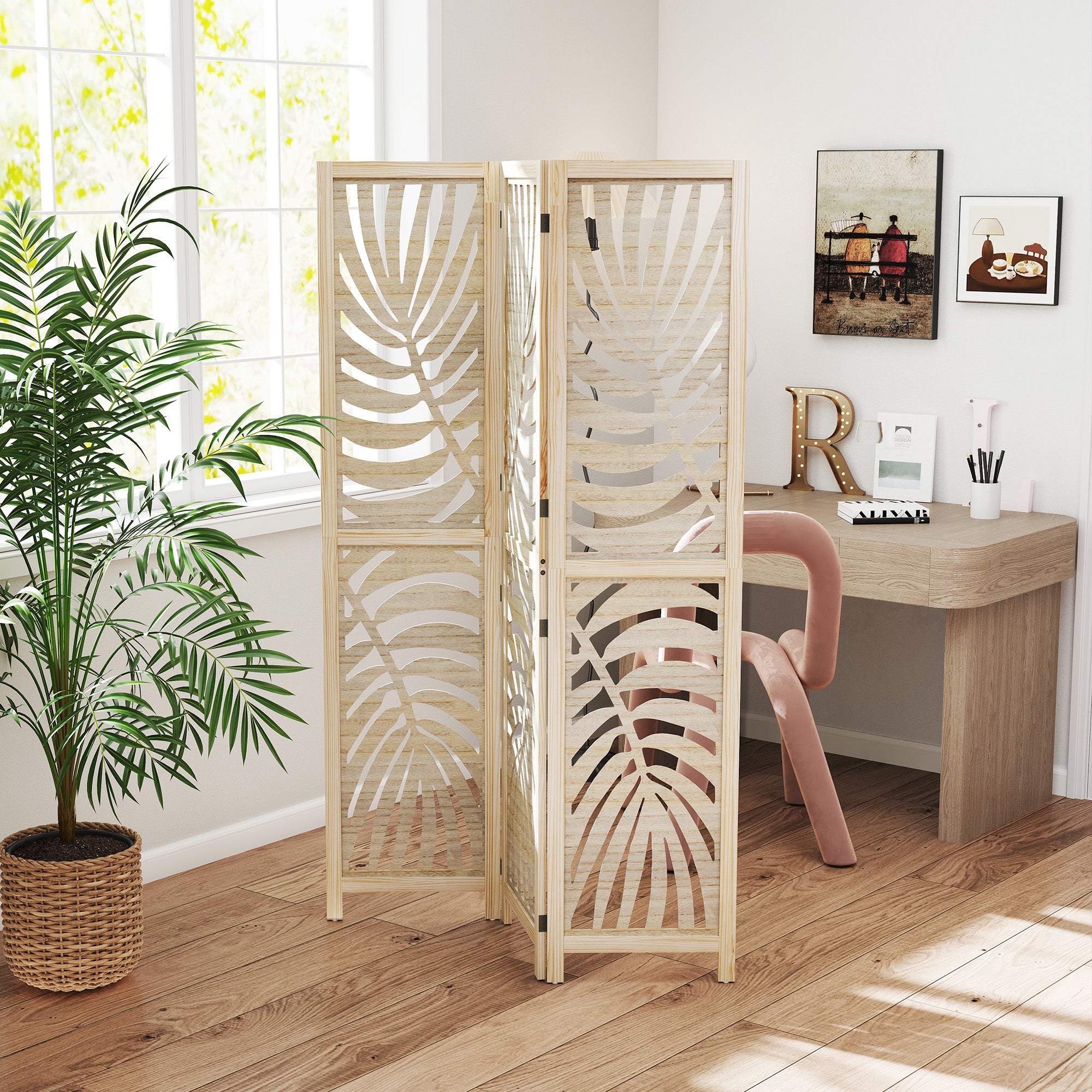 Biombo de 3 Painéis Separador de Ambientes 120x170 cm Cor de Madeira Natural